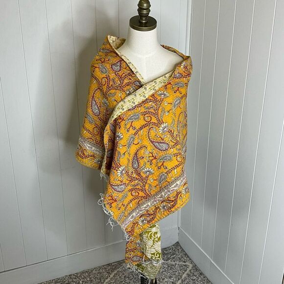Handmade Reversible Scarf Made From Recycled Saris Gold Green Mixed Media - Picture 5 of 6